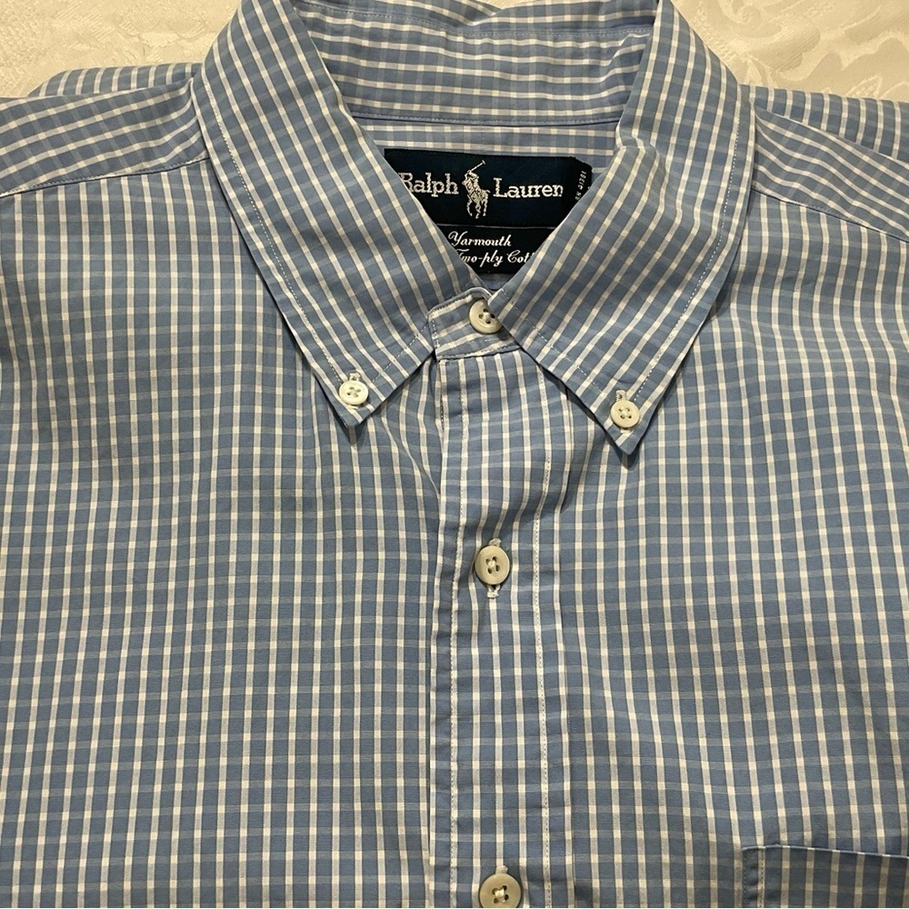 Ralph Lauren Shirt Men 16.5 35 Blue Plaid Yarmouth Dress Button Up Long Sleeve